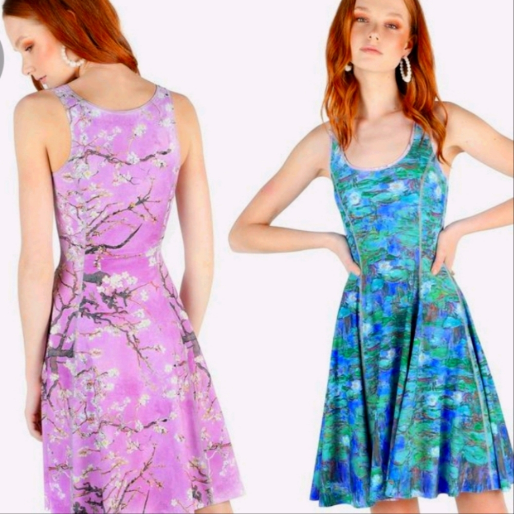 Almond Blossom Pink vs Blue Water Lilies IOD Longline ART Dress Black Milk M